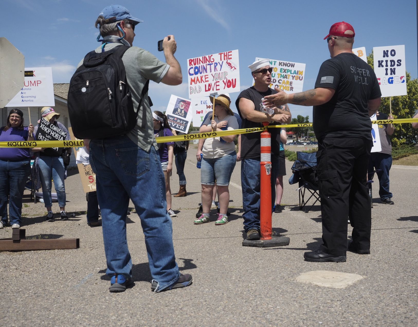 Protesters exchange viewpoints